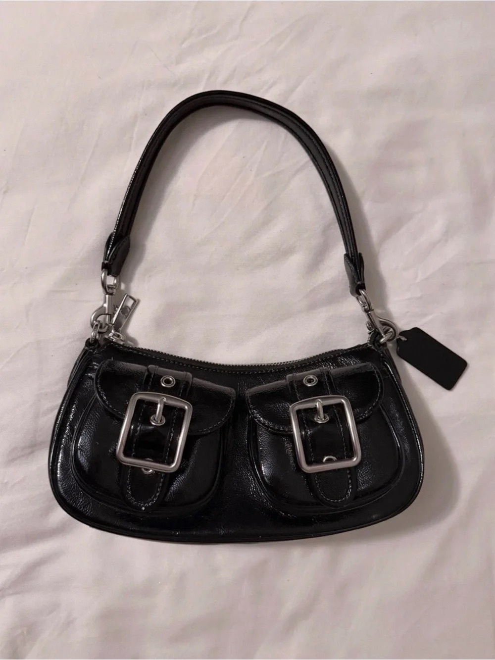 Coach Black Leather Shoulder Bag with Silver Buckles
